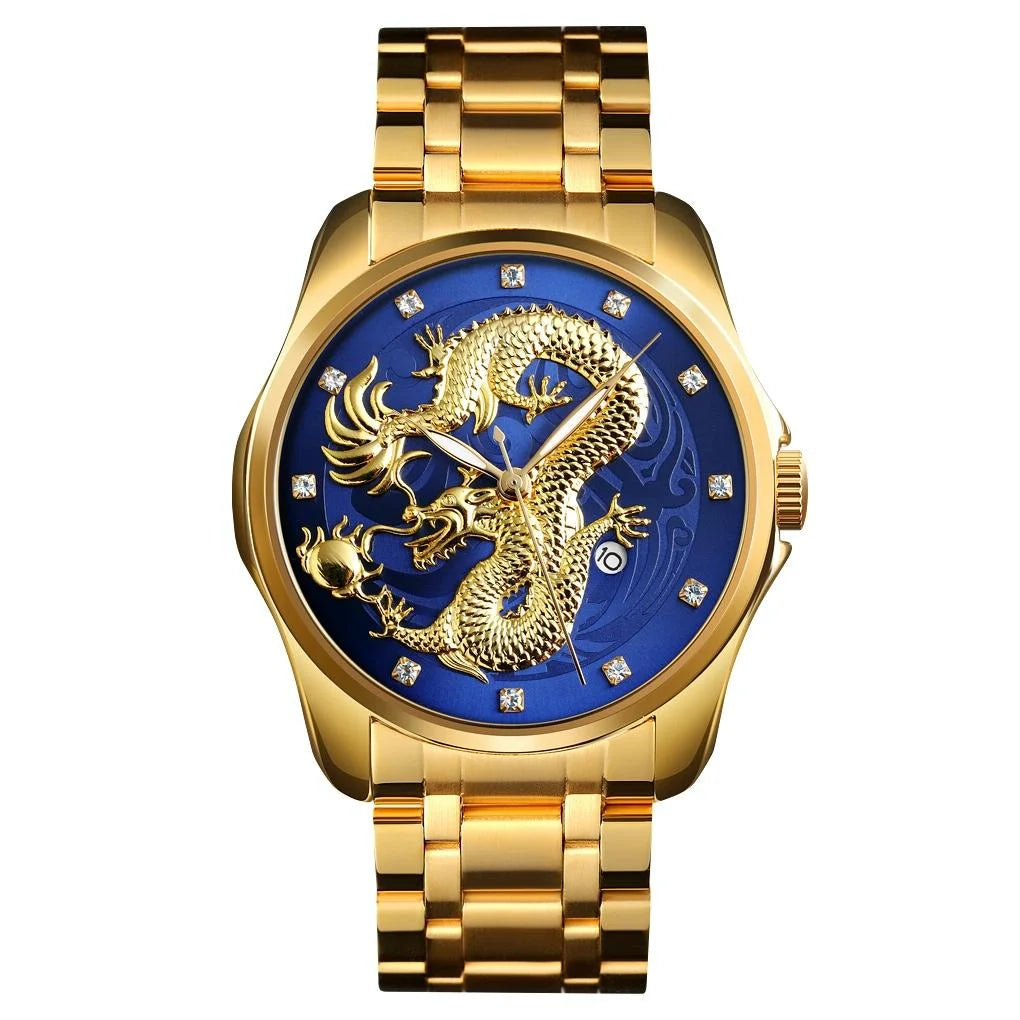 Men Golden Dragon Calendar Dial Quartz Watch with Luminous