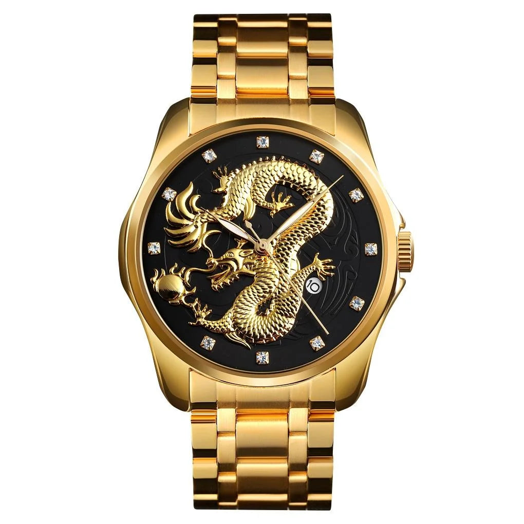 Men Golden Dragon Calendar Dial Quartz Watch with Luminous