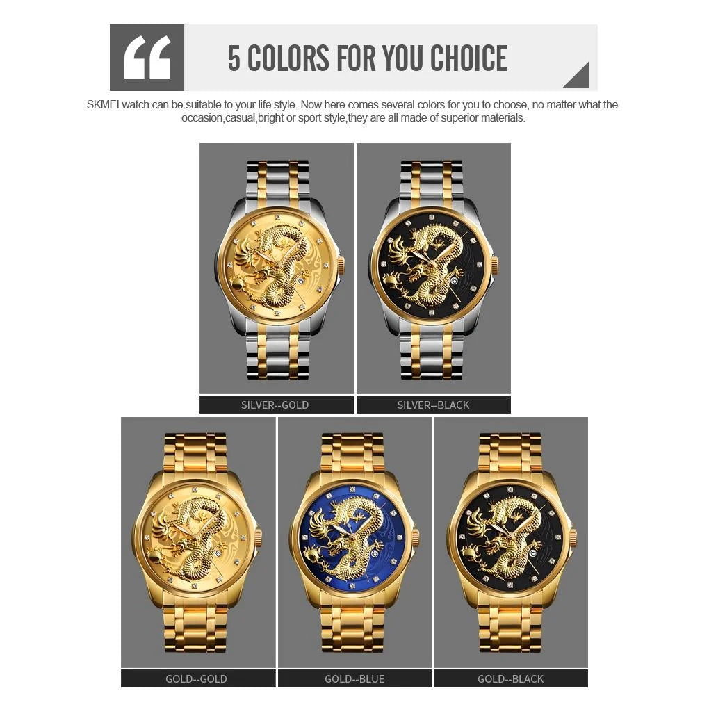 Men Golden Dragon Calendar Dial Quartz Watch with Luminous