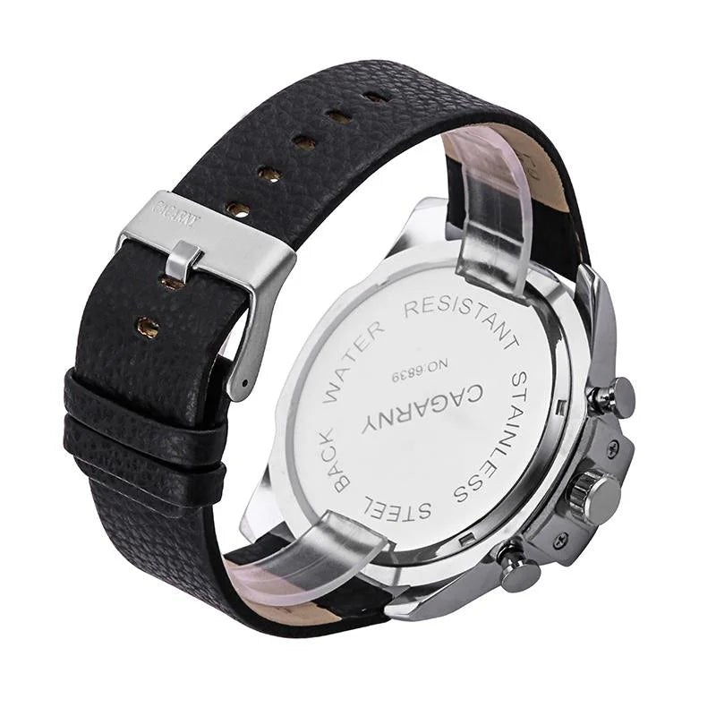 Men Leather Band Sports Watch with Large Dial - Silver
