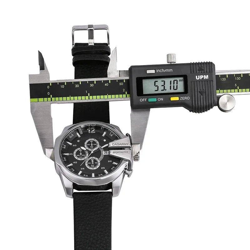 Men Leather Band Sports Watch with Large Dial - Silver