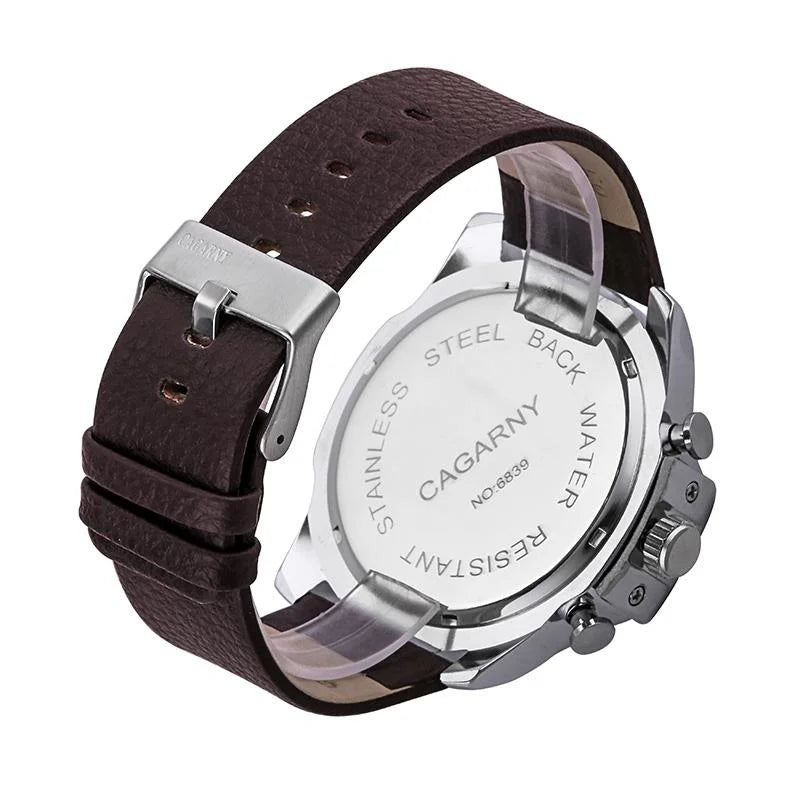 Men Leather Band Sports Watch with Large Dial - Silver Blue