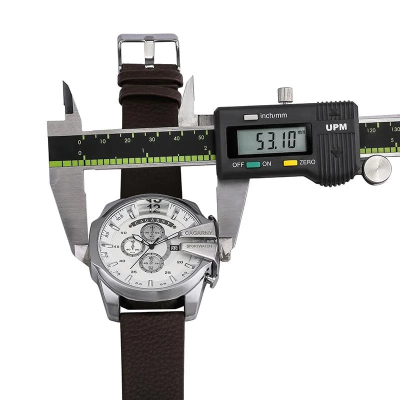 Men Leather Band Sports Watch with Large Dial - Silver Blue