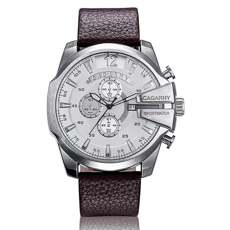 Men Leather Band Sports Watch with Large Dial - Silver Blue