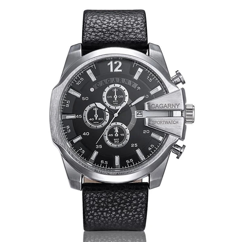 Men Leather Band Sports Watch with Large Dial - Silver