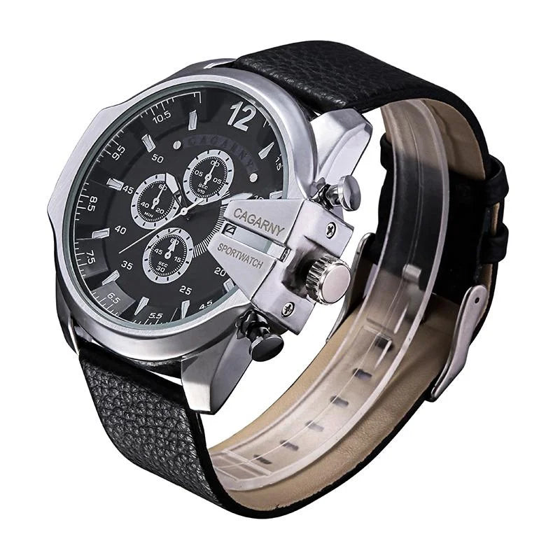 Men Leather Band Sports Watch with Large Dial - Silver