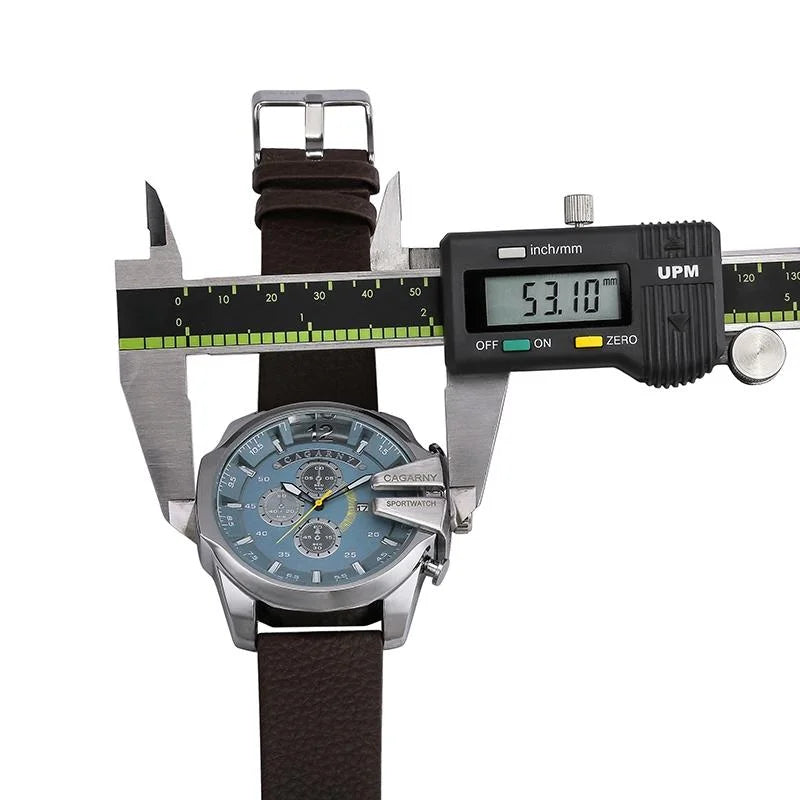Men Leather Band Sports Watch with Large Dial - Silver