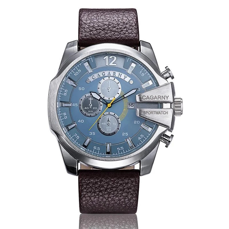 Men Leather Band Sports Watch with Large Dial - Silver