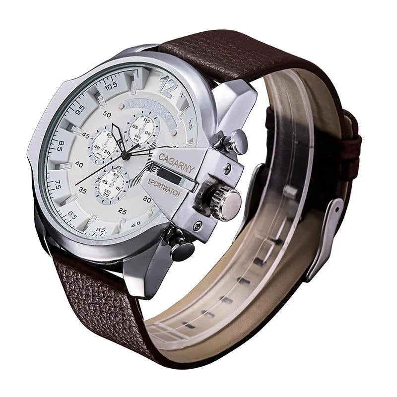 Men Leather Band Sports Watch with Large Dial - Silver