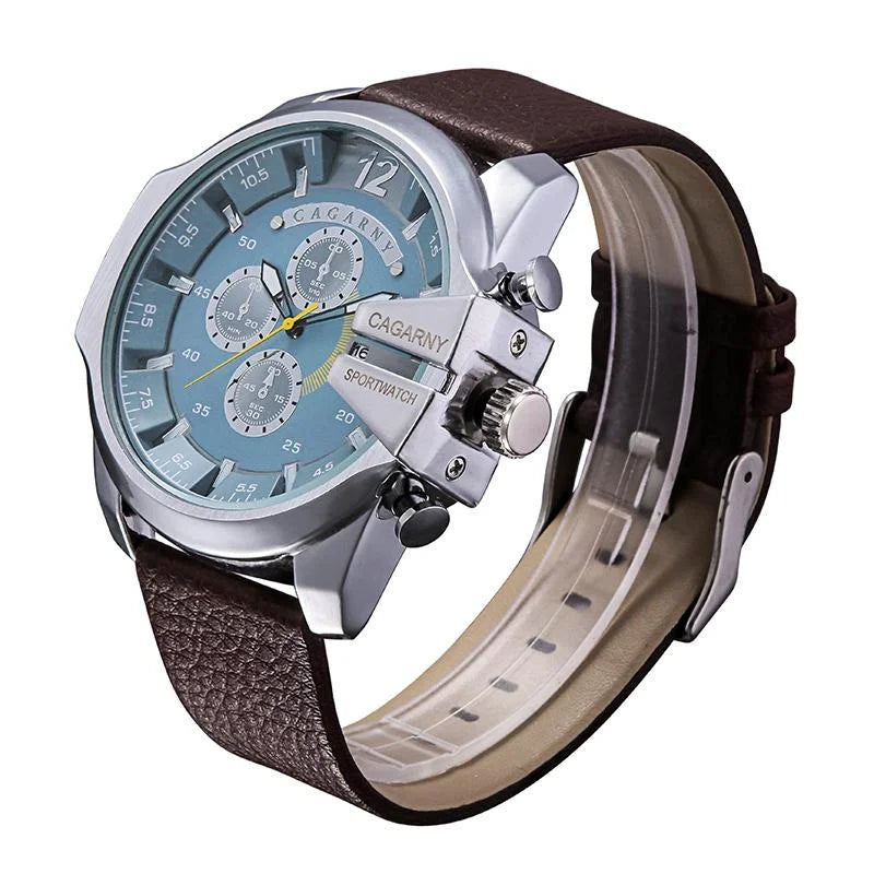 Men Leather Band Sports Watch with Large Dial - Silver