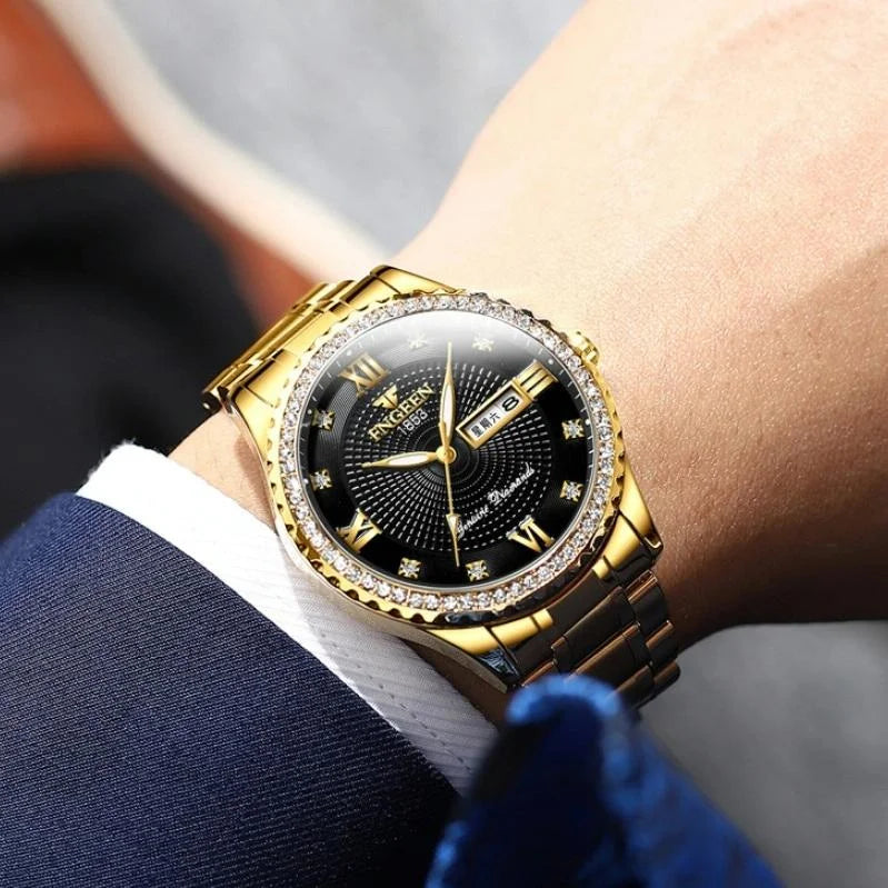 Men Luminous Quartz Watch - Gold with Black Surface