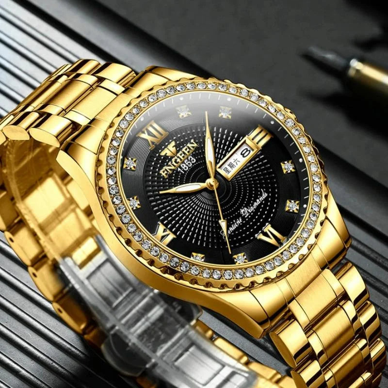 Men Luminous Quartz Watch - Gold with Black Surface