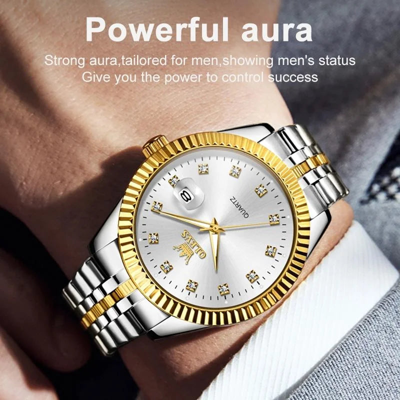 Men Luminous Waterproof Quartz Watch with Diamond Accents