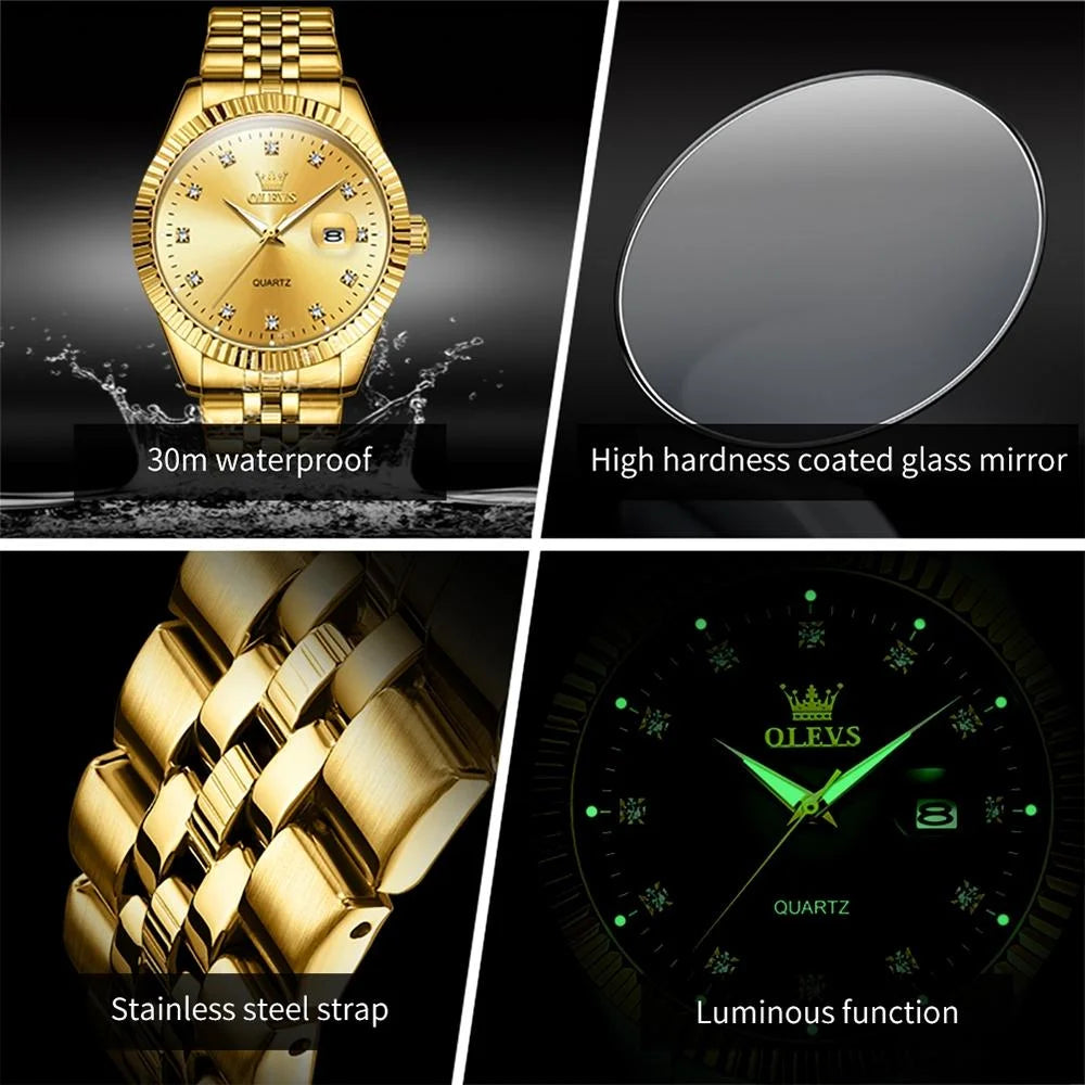 Men Luminous Waterproof Quartz Watch with Diamond Accents
