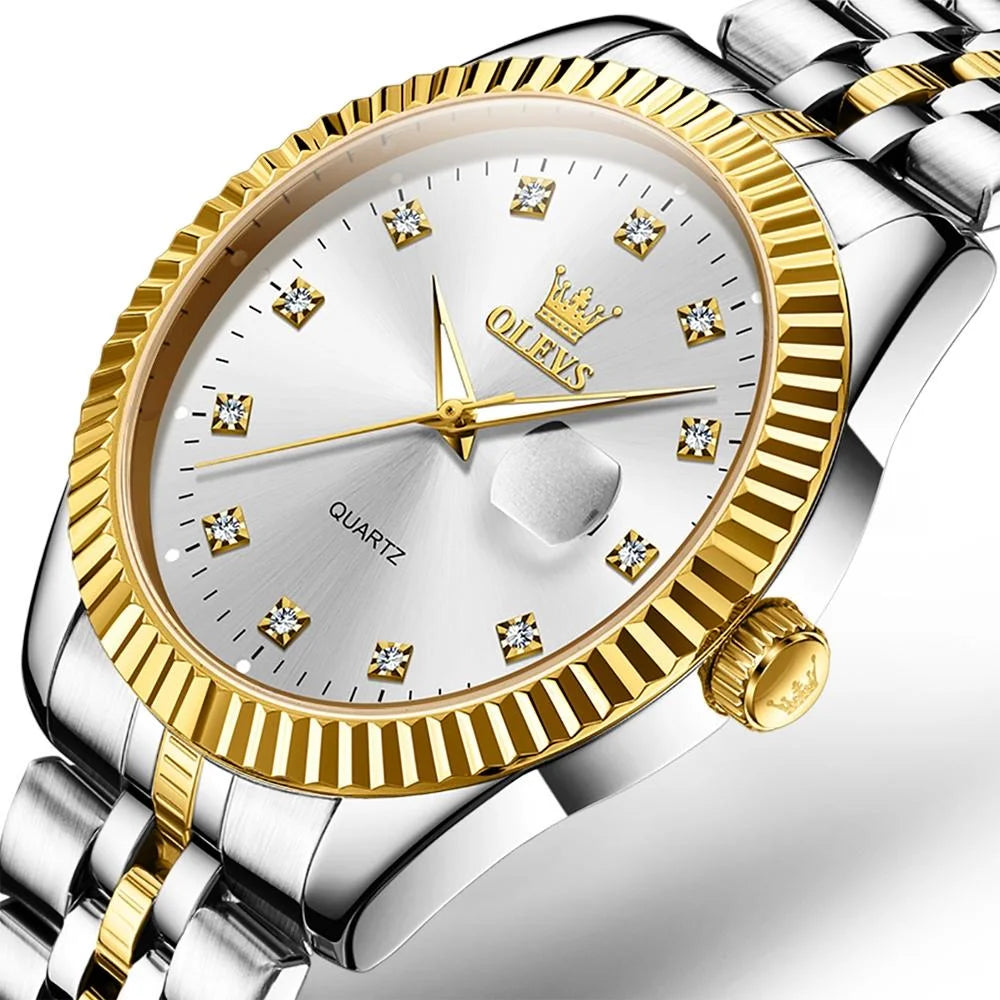 Men Luminous Waterproof Quartz Watch with Diamond Accents
