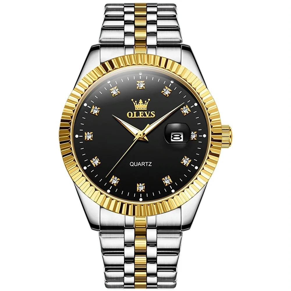 Men Luminous Waterproof Quartz Watch with Diamond Accents