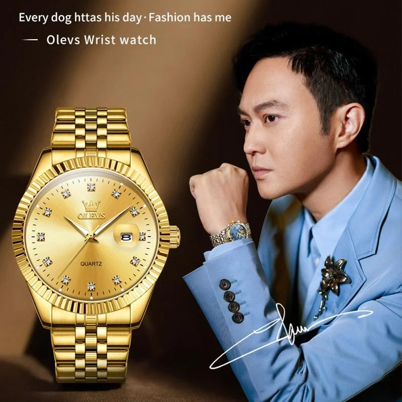 Men Luminous Waterproof Quartz Watch with Diamond Accents