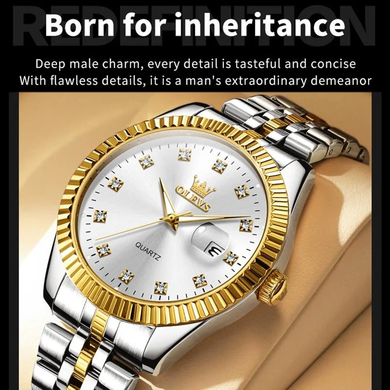 Men Luminous Waterproof Quartz Watch with Diamond Accents