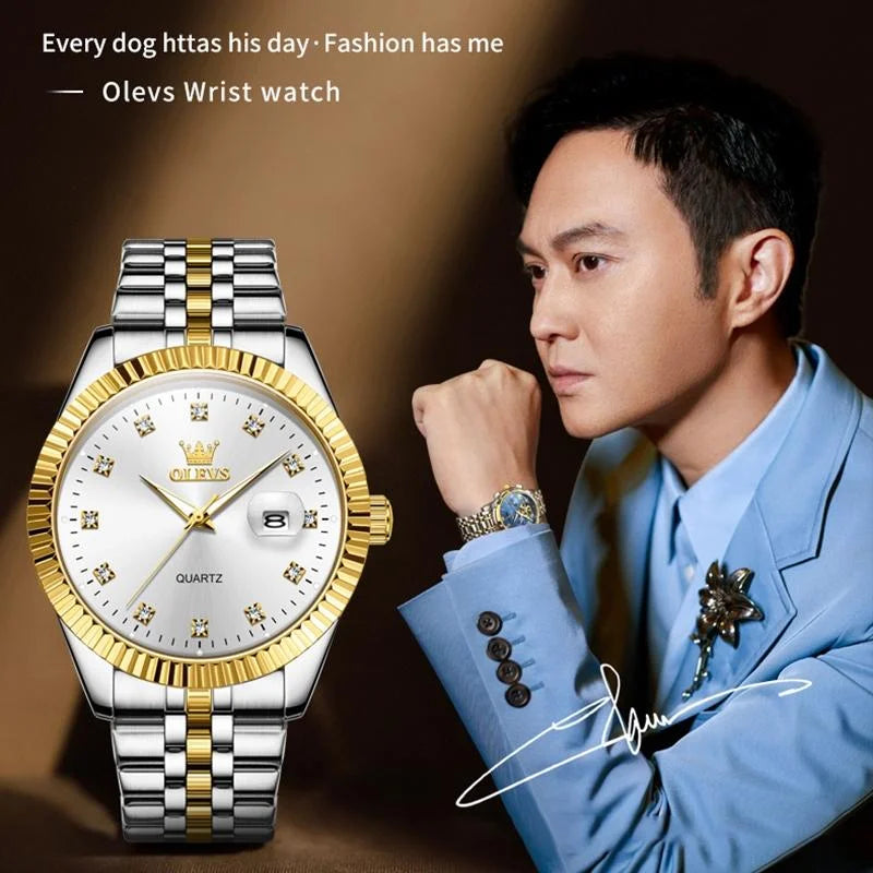 Men Luminous Waterproof Quartz Watch with Diamond Accents