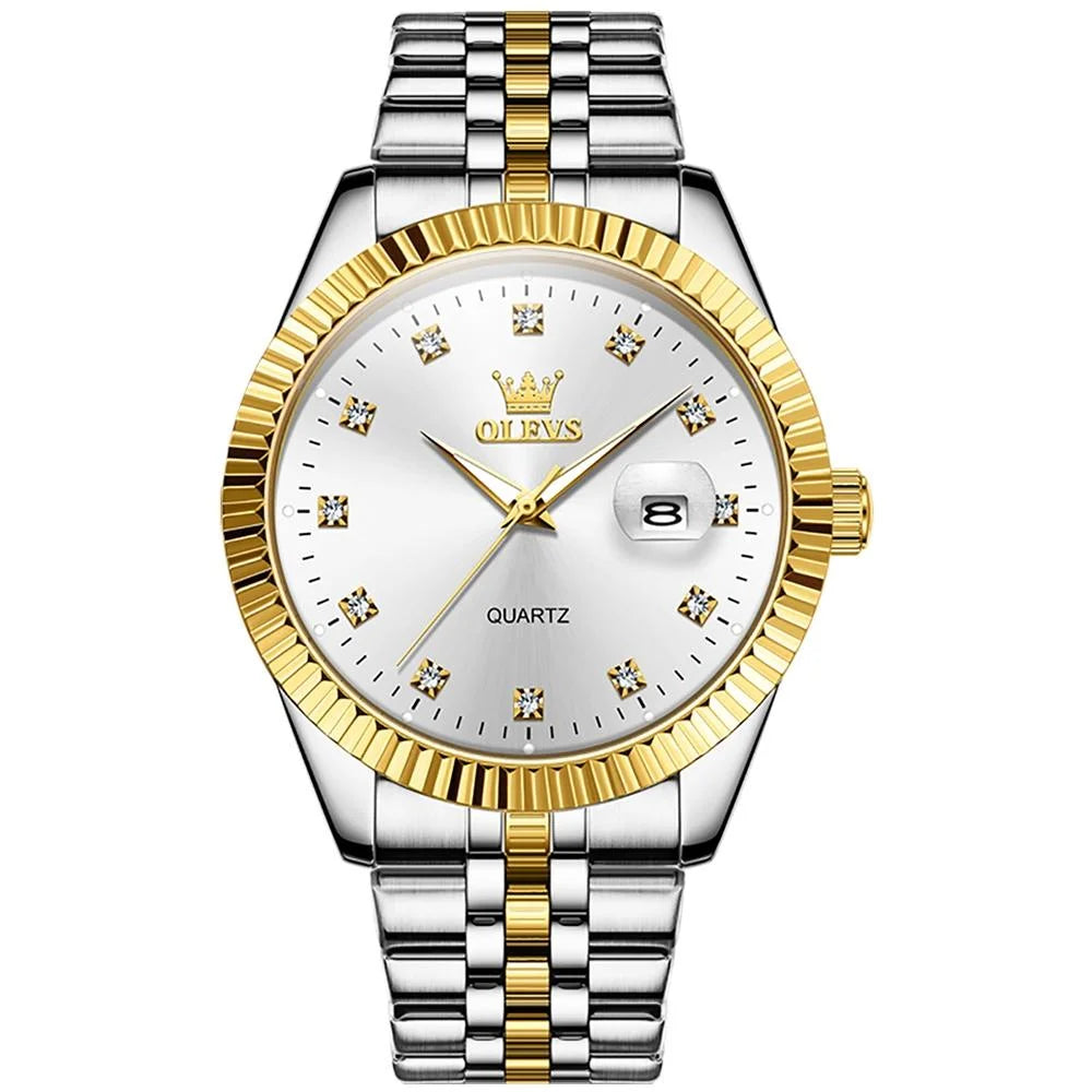 Men Luminous Waterproof Quartz Watch with Diamond Accents