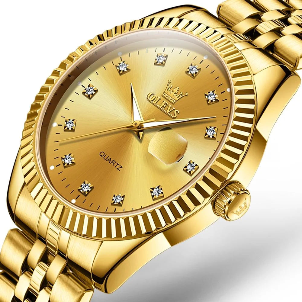 Men Luminous Waterproof Quartz Watch with Diamond Accents