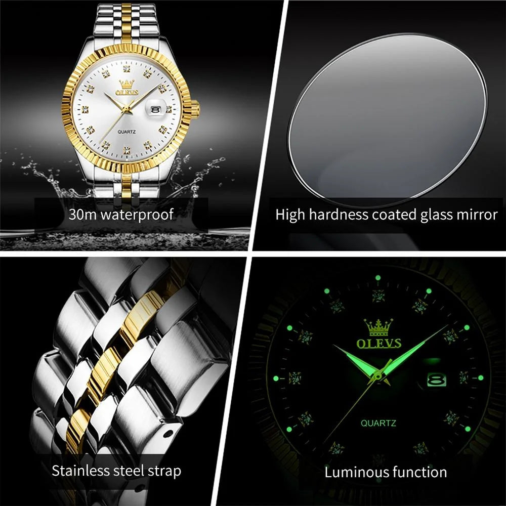 Men Luminous Waterproof Quartz Watch with Diamond Accents