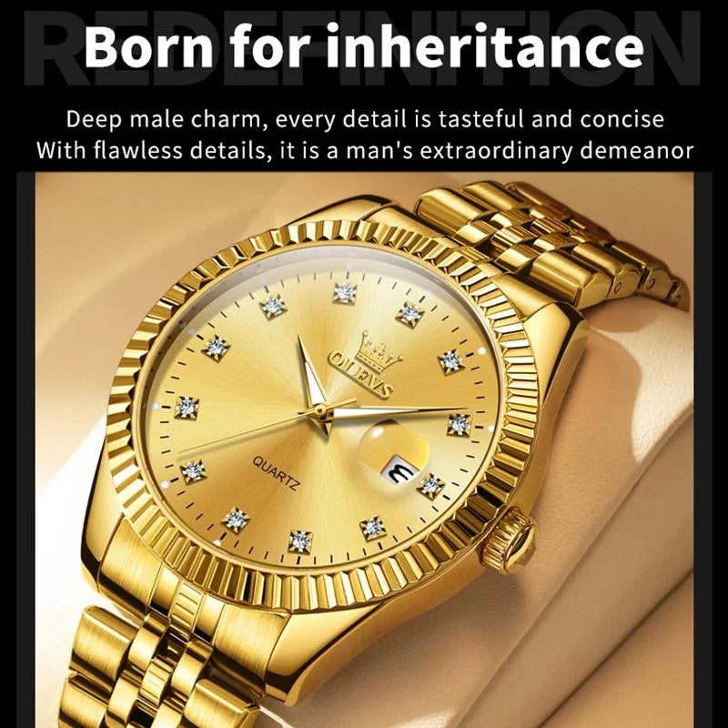 Men Luminous Waterproof Quartz Watch with Diamond Accents