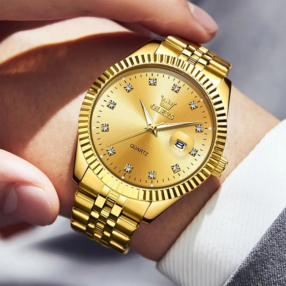 Men Luminous Waterproof Quartz Watch with Diamond Accents
