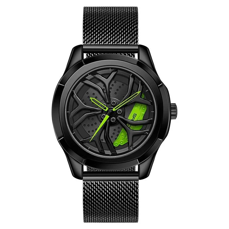 Men Mesh Belt Quartz Watch with 3d Hollow out Wheel - Black