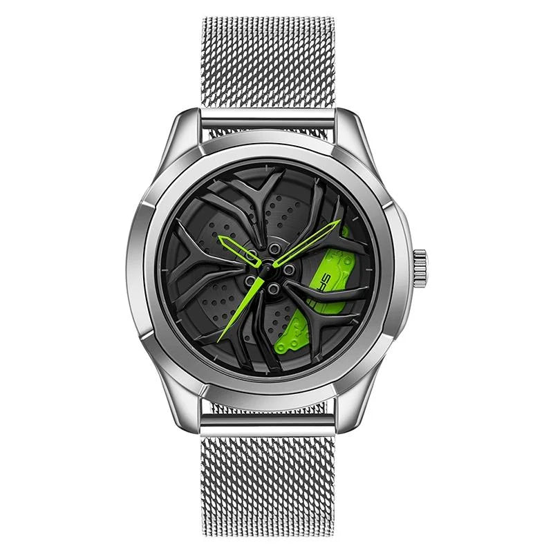 Men Mesh Belt Quartz Watch with 3d Hollow out Wheel