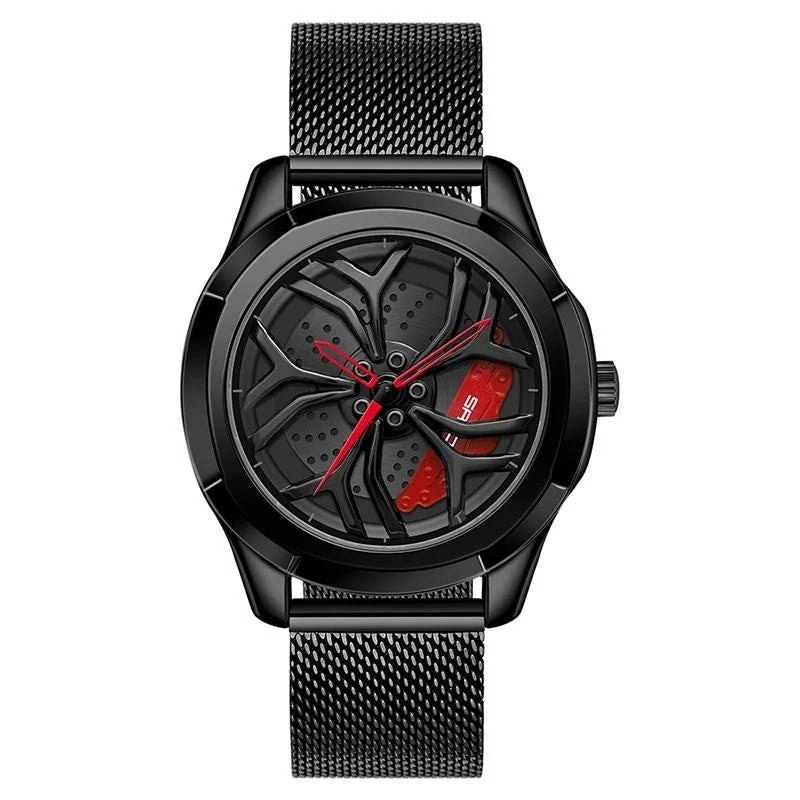 Men Mesh Belt Quartz Watch with 3d Hollow out Wheel