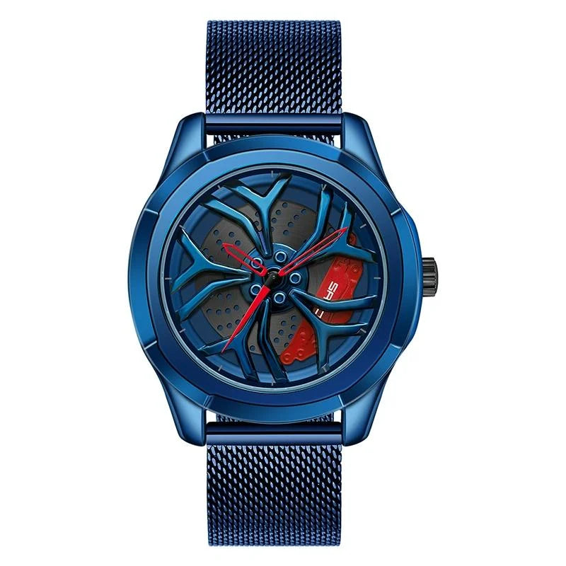 Men Mesh Belt Quartz Watch with 3d Hollow out Wheel