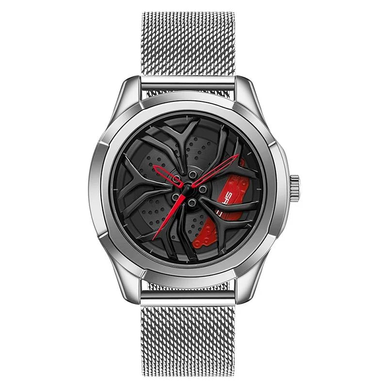 Men Mesh Belt Quartz Watch with 3d Hollow out Wheel