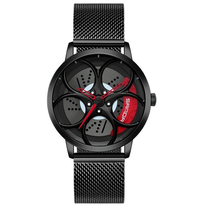 Men Mesh Belt Quartz Watch with 3d Oval Hollow out Wheel