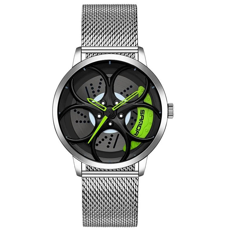 Men Mesh Belt Quartz Watch with 3d Oval Hollow out Wheel