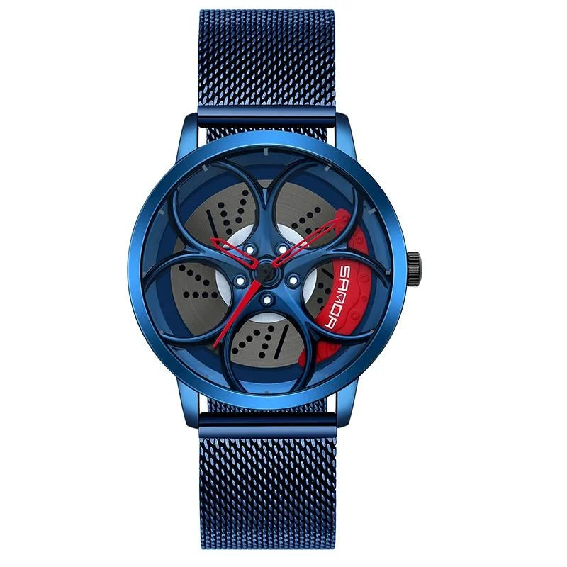 Men Mesh Belt Quartz Watch with 3d Oval Hollow out Wheel