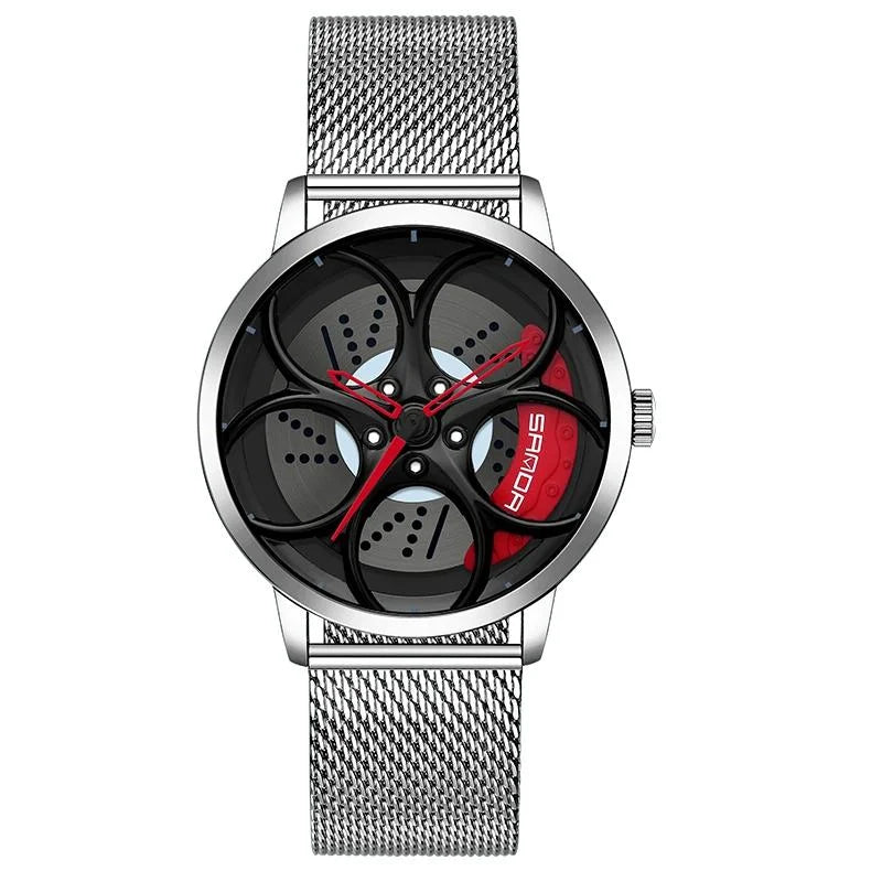 Men Mesh Belt Quartz Watch with 3d Oval Hollow out Wheel