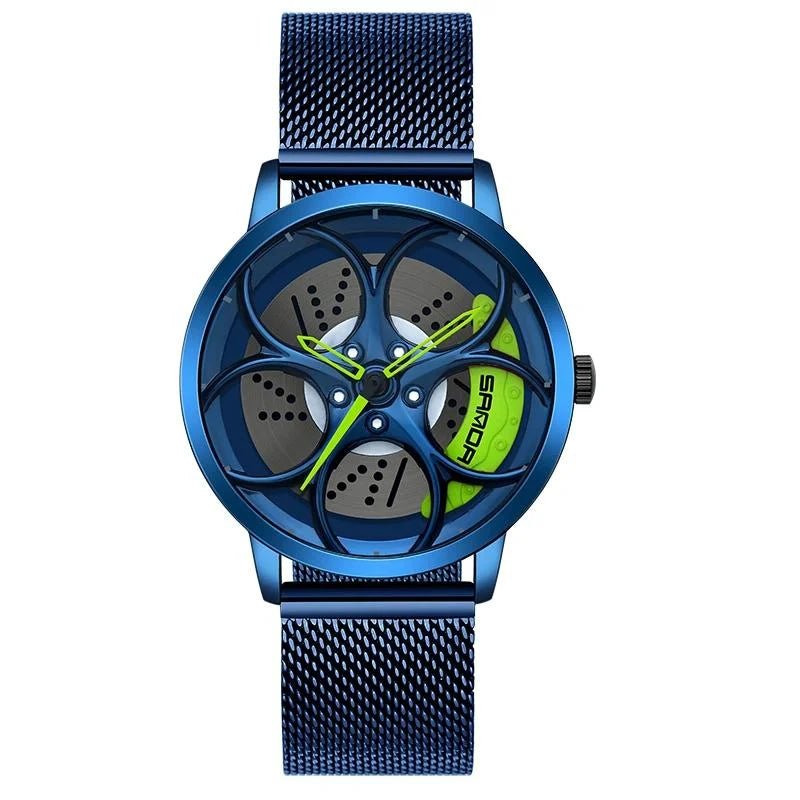 Men Mesh Belt Quartz Watch with 3d Oval Hollow out Wheel