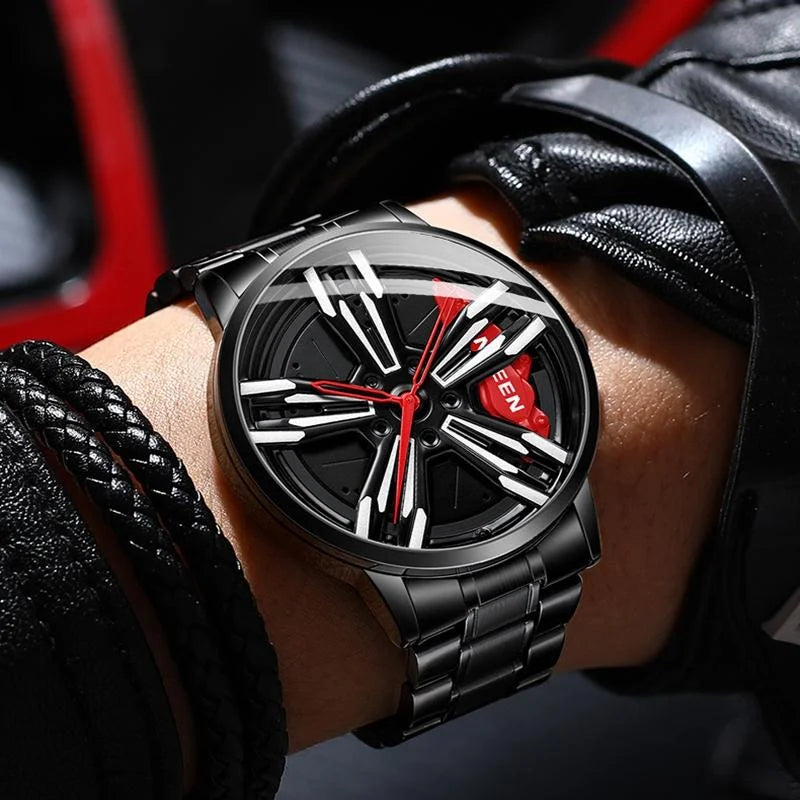 Men Metal Motorcycle Watch with Rotating Hub - Black