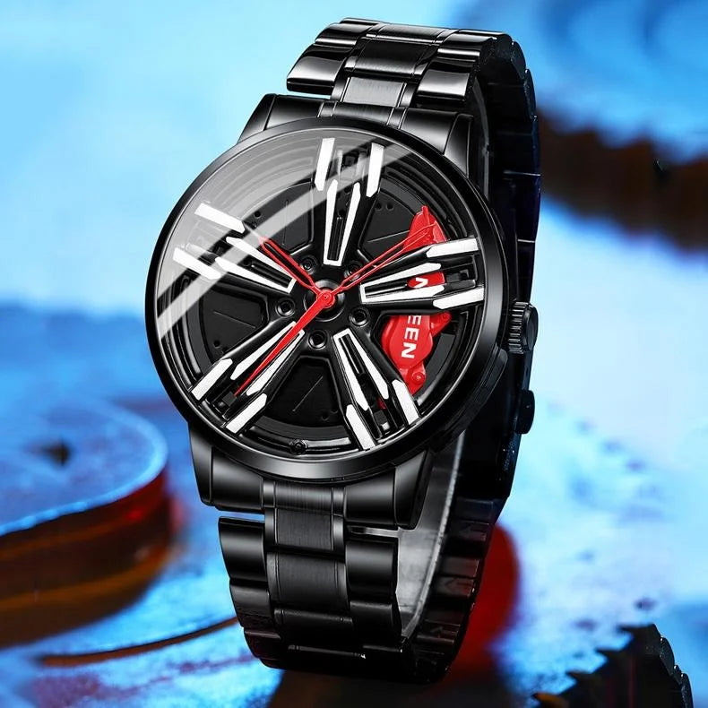 Men Metal Motorcycle Watch with Rotating Hub - Black