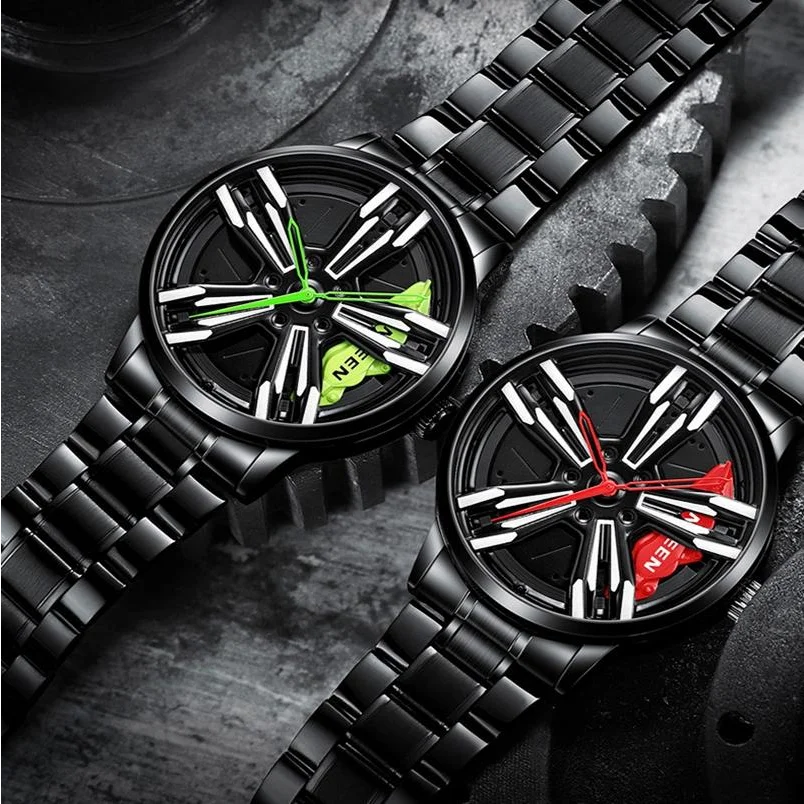 Men Metal Motorcycle Watch with Rotating Hub - Black