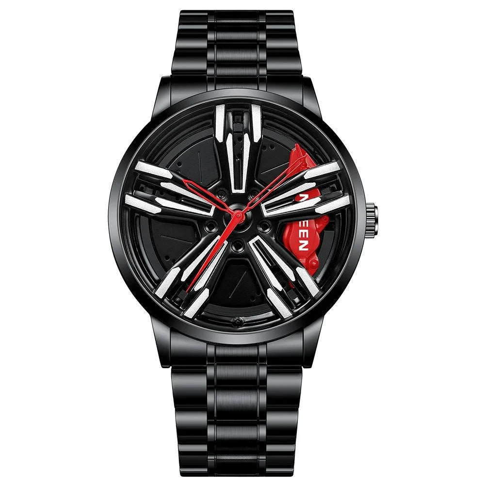 Men Metal Motorcycle Watch with Rotating Hub - Black