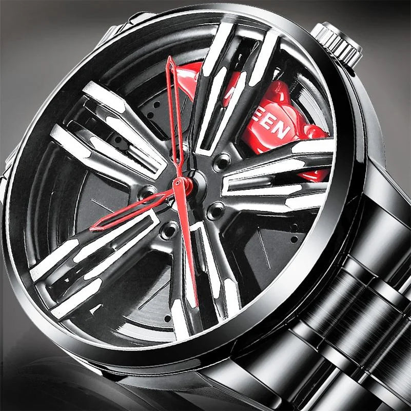 Men Metal Motorcycle Watch with Rotating Hub - Black Steel
