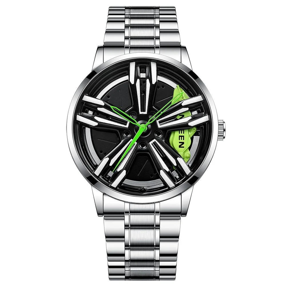 Men Metal Motorcycle Watch with Rotating Hub - Black Steel