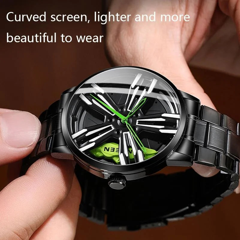 Men Metal Motorcycle Watch with Rotating Hub - Black Steel