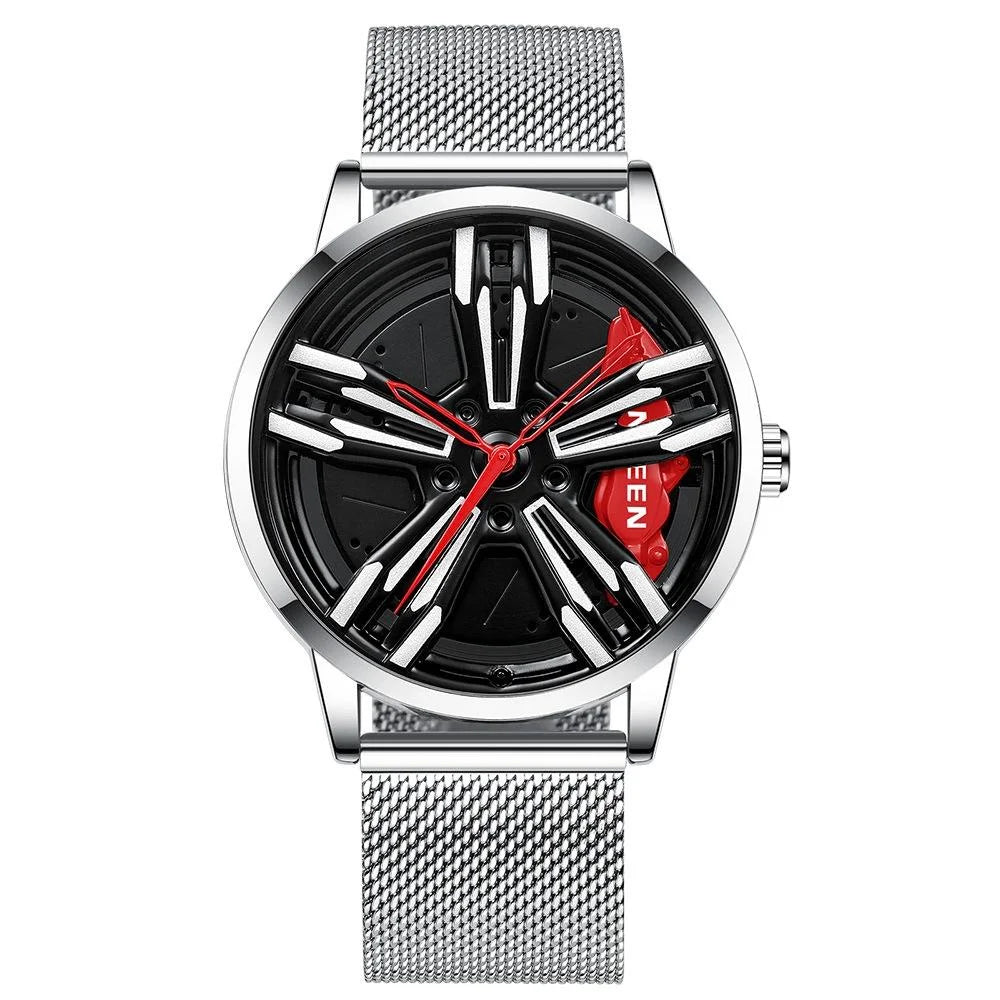 Men Metal Motorcycle Watch with Rotating Hub - White Net