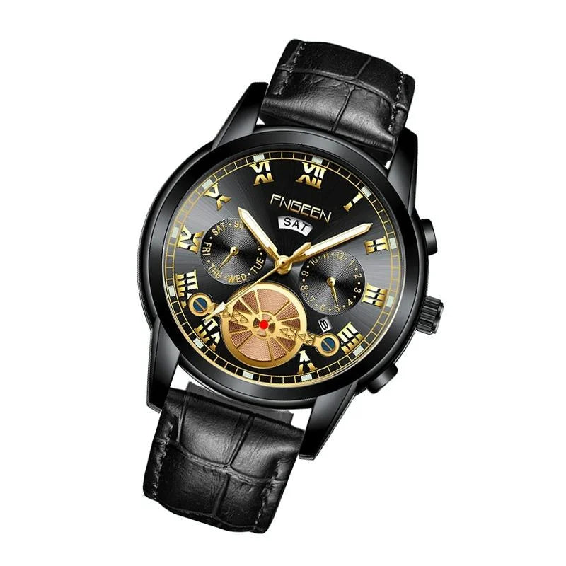 Men Multi-function Quartz Watch - Black Leather and Steel