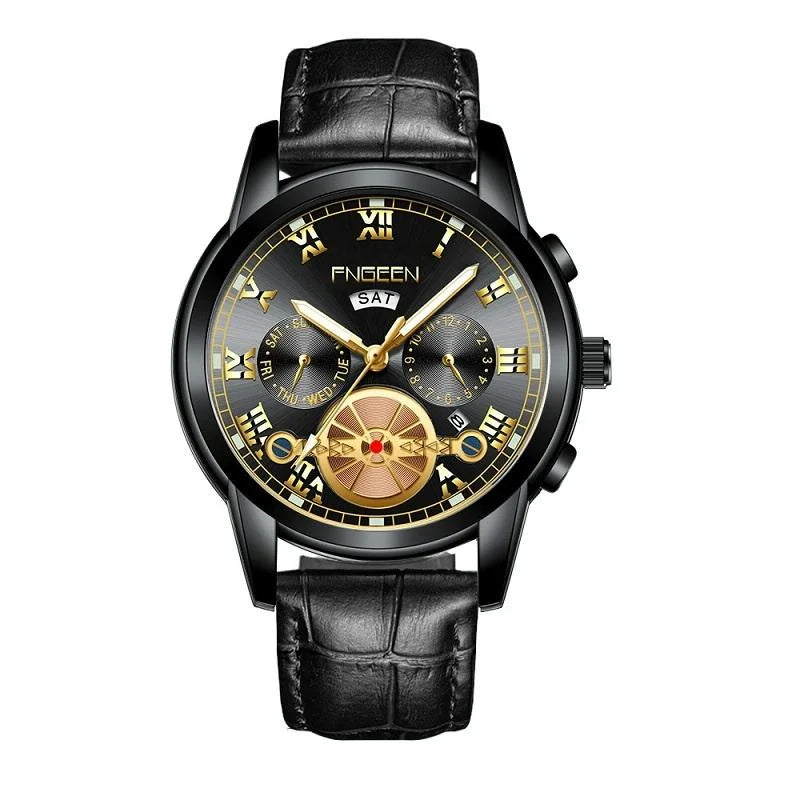 Men Multi-function Quartz Watch - Black Leather and Steel