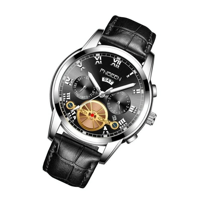 Men Multi-function Quartz Watch - Black Leather Band White