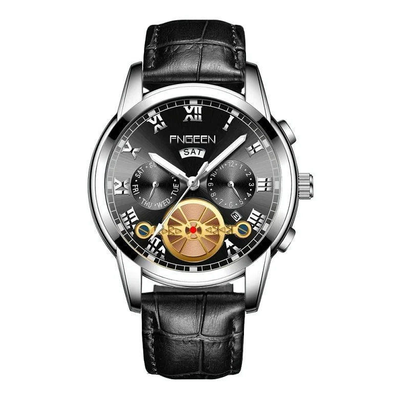 Men Multi-function Quartz Watch - Black Leather Band White